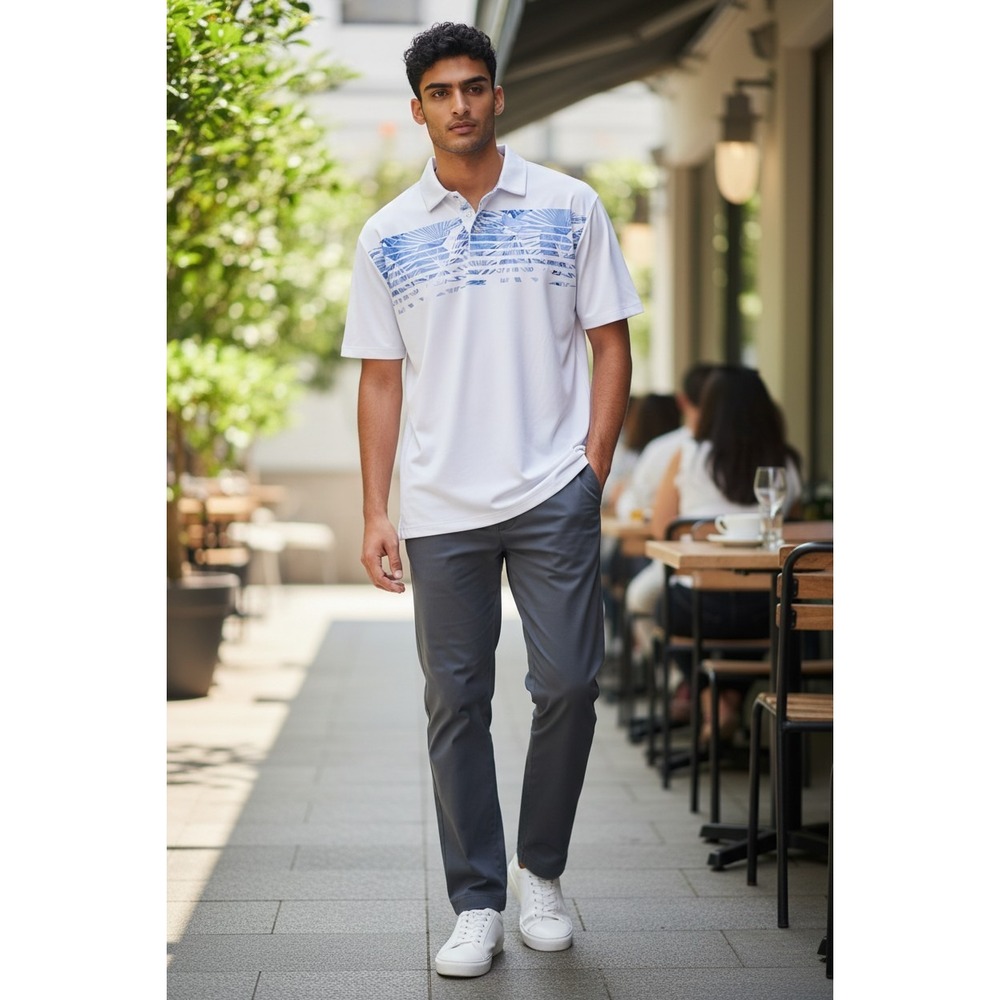 PGA Tour Pro Series Mens XL White Blue‎ Tropical Palm Print Athletic Golf Polo